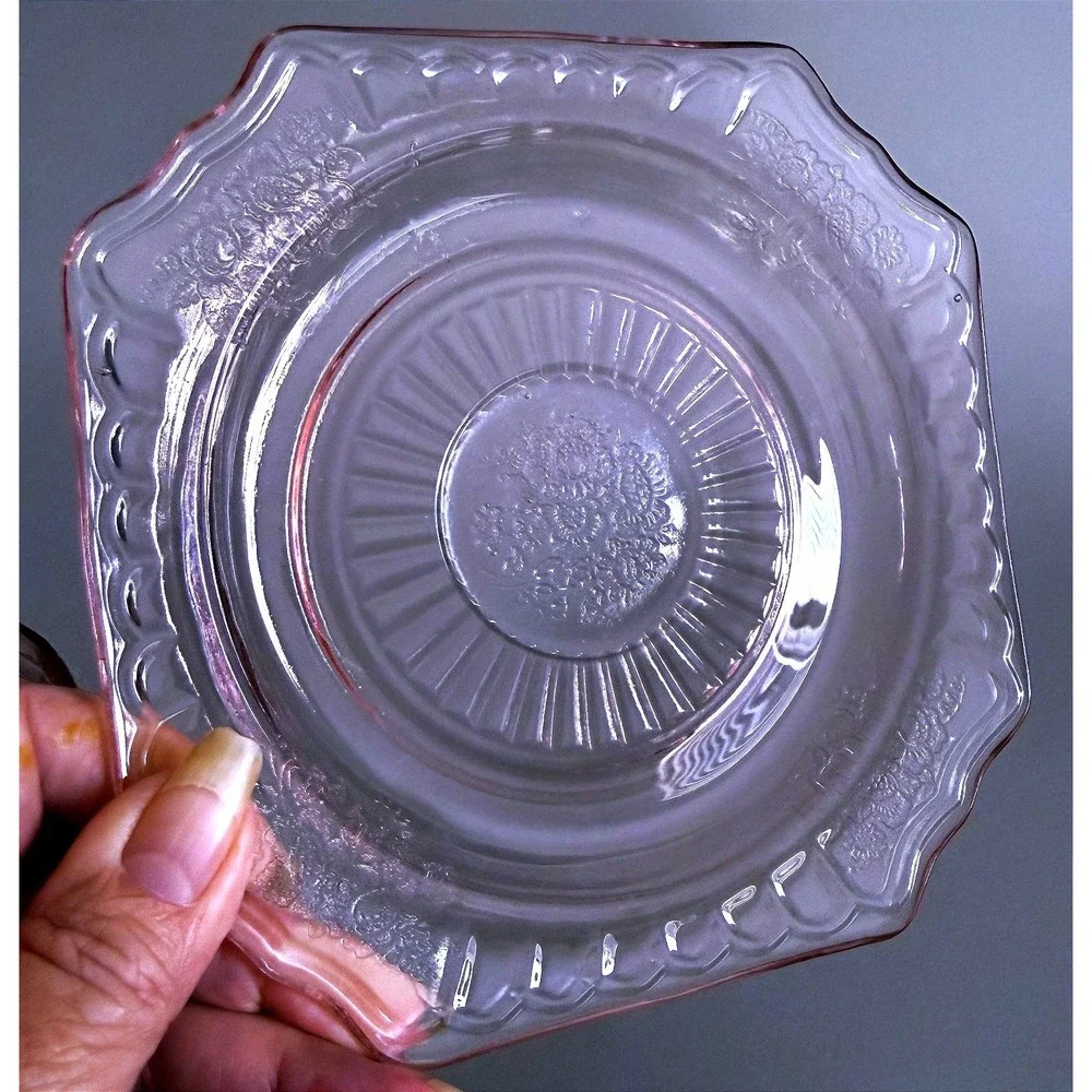Anchor Hocking Mayfair Open Rose Cup, 2 Saucers Pink Depression Glass 1930s
